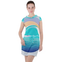 Tsunami Tidal Wave Wave Minimalist Ocean Sea Drawstring Hooded Dress by Pakemis