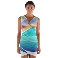 Tsunami Tidal Wave Wave Minimalist Ocean Sea Wrap Front Bodycon Dress by Pakemis