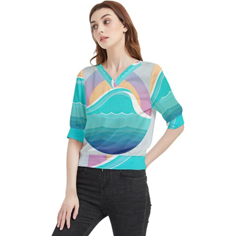 Tsunami Tidal Wave Wave Minimalist Ocean Sea Quarter Sleeve Blouse by Pakemis