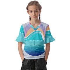 Tsunami Tidal Wave Wave Minimalist Ocean Sea Kids  V-neck Horn Sleeve Blouse by Pakemis