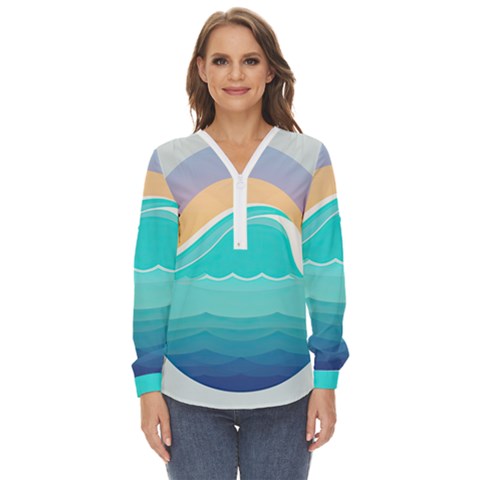 Tsunami Tidal Wave Wave Minimalist Ocean Sea Zip Up Long Sleeve Blouse by Pakemis