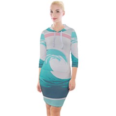 Tidal Wave Ocean Sea Tsunami Wave Minimalist Quarter Sleeve Hood Bodycon Dress by Pakemis