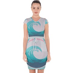 Tidal Wave Ocean Sea Tsunami Wave Minimalist Capsleeve Drawstring Dress  by Pakemis