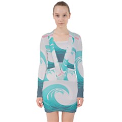 Tidal Wave Ocean Sea Tsunami Wave Minimalist V-neck Bodycon Long Sleeve Dress by Pakemis