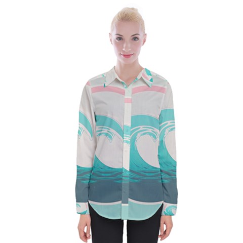 Tidal Wave Ocean Sea Tsunami Wave Minimalist Womens Long Sleeve Shirt by Pakemis