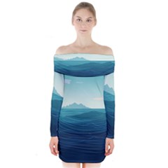 Ai Generated Ocean Waves Sea Water Nautical Long Sleeve Off Shoulder Dress by Pakemis