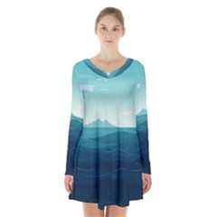 Ai Generated Ocean Waves Sea Water Nautical Long Sleeve Velvet V-neck Dress by Pakemis