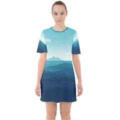 Ai Generated Ocean Waves Sea Water Nautical Sixties Short Sleeve Mini Dress by Pakemis