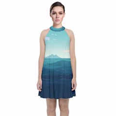 Ai Generated Ocean Waves Sea Water Nautical Velvet Halter Neckline Dress  by Pakemis