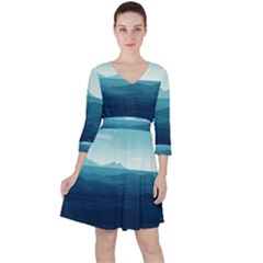 Ai Generated Ocean Waves Sea Water Nautical Quarter Sleeve Ruffle Waist Dress by Pakemis