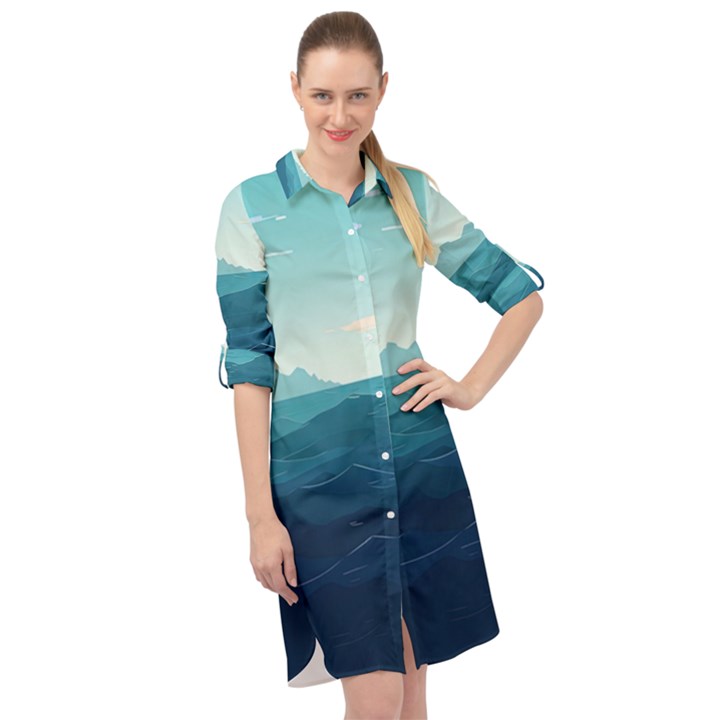 Ai Generated Ocean Waves Sea Water Nautical Long Sleeve Mini Shirt Dress