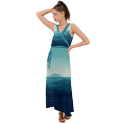 Ai Generated Ocean Waves Sea Water Nautical V-neck Chiffon Maxi Dress by Pakemis