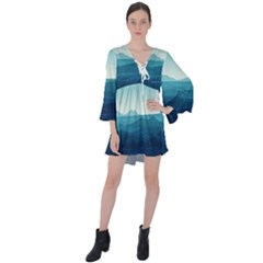 Ai Generated Ocean Waves Sea Water Nautical V-neck Flare Sleeve Mini Dress by Pakemis