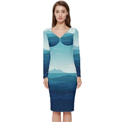 Ai Generated Ocean Waves Sea Water Nautical Long Sleeve V-neck Bodycon Dress  by Pakemis