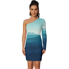 Ai Generated Ocean Waves Sea Water Nautical Long Sleeve One Shoulder Mini Dress by Pakemis