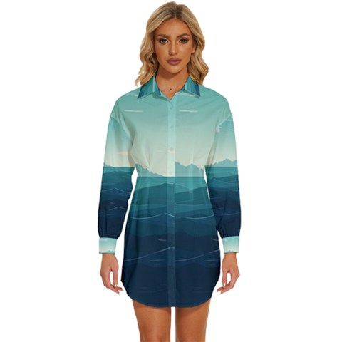 Ai Generated Ocean Waves Sea Water Nautical Womens Long Sleeve Shirt Dress by Pakemis