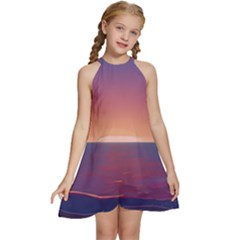 Sunset Ocean Beach Water Tropical Island Vacation Nature Kids  Halter Collar Waist Tie Chiffon Dress by Pakemis