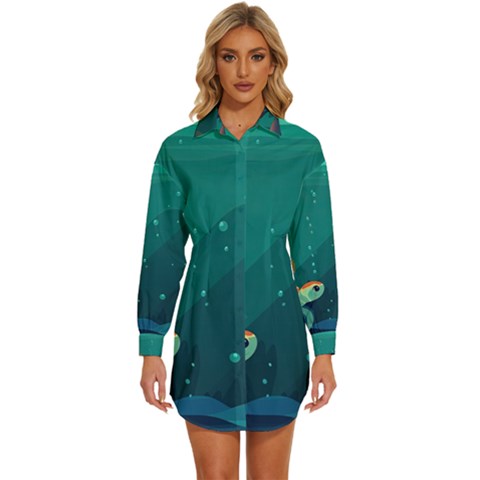 Ai Generated Ocean Sea Fish Aquatic Water Nature 5 Womens Long Sleeve Shirt Dress by Pakemis