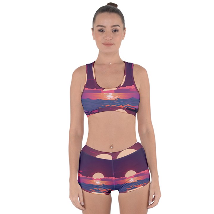 Sunset Ocean Beach Water Tropical Island Vacation 5 Racerback Boyleg Bikini Set