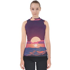 Sunset Ocean Beach Water Tropical Island Vacation 5 Mock Neck Shell Top by Pakemis