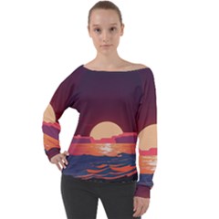 Sunset Ocean Beach Water Tropical Island Vacation 5 Off Shoulder Long Sleeve Velour Top by Pakemis