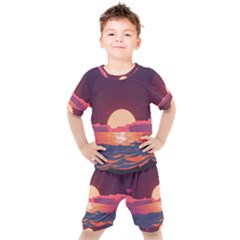 Sunset Ocean Beach Water Tropical Island Vacation 5 Kids  Tee And Shorts Set by Pakemis