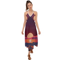 Sunset Ocean Beach Water Tropical Island Vacation 5 Halter Tie Back Dress  by Pakemis