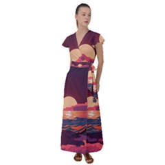 Sunset Ocean Beach Water Tropical Island Vacation 5 Flutter Sleeve Maxi Dress by Pakemis