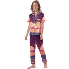 Sunset Ocean Beach Water Tropical Island Vacation 5 Kids  Satin Short Sleeve Pajamas Set by Pakemis