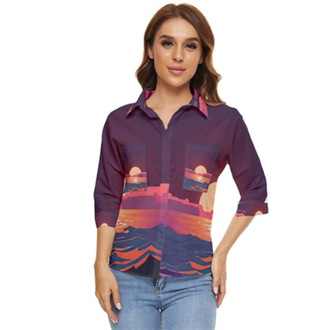 Sunset Ocean Beach Water Tropical Island Vacation 5 Women s Quarter Sleeve Pocket Shirt by Pakemis