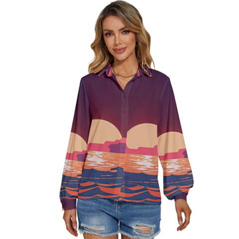 Sunset Ocean Beach Water Tropical Island Vacation 5 Women s Long Sleeve Button Down Shirt by Pakemis