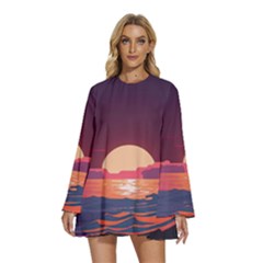 Sunset Ocean Beach Water Tropical Island Vacation 5 Round Neck Long Sleeve Bohemian Style Chiffon Mini Dress by Pakemis