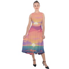 Sunset Ocean Beach Water Tropical Island Vacation 4 Midi Tie-back Chiffon Dress by Pakemis