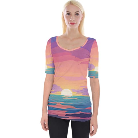 Sunset Ocean Beach Water Tropical Island Vacation 4 Wide Neckline Tee by Pakemis