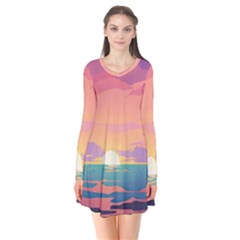 Sunset Ocean Beach Water Tropical Island Vacation 4 Long Sleeve V-neck Flare Dress by Pakemis