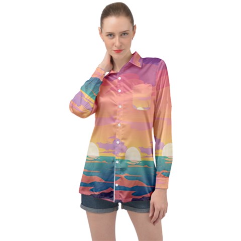 Sunset Ocean Beach Water Tropical Island Vacation 4 Long Sleeve Satin Shirt by Pakemis