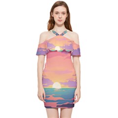 Sunset Ocean Beach Water Tropical Island Vacation 4 Shoulder Frill Bodycon Summer Dress by Pakemis