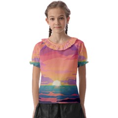 Sunset Ocean Beach Water Tropical Island Vacation 4 Kids  Frill Chiffon Blouse by Pakemis