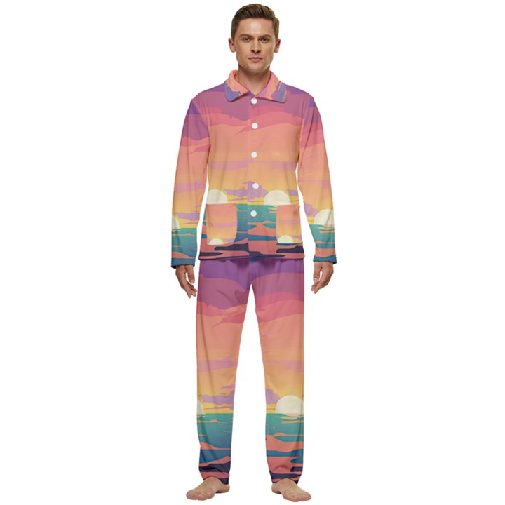 Sunset Ocean Beach Water Tropical Island Vacation 4 Men s Long Sleeve Velvet Pocket Pajamas Set