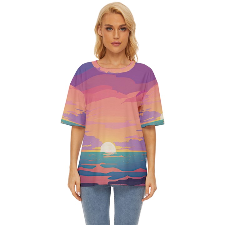 Sunset Ocean Beach Water Tropical Island Vacation 4 Oversized Basic Tee