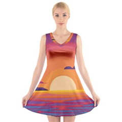 Sunset Ocean Beach Water Tropical Island Vacation Landscape V-neck Sleeveless Dress by Pakemis