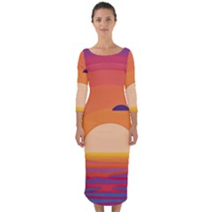 Sunset Ocean Beach Water Tropical Island Vacation Landscape Quarter Sleeve Midi Bodycon Dress by Pakemis