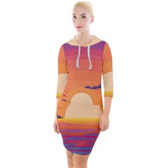 Sunset Ocean Beach Water Tropical Island Vacation Landscape Quarter Sleeve Hood Bodycon Dress by Pakemis