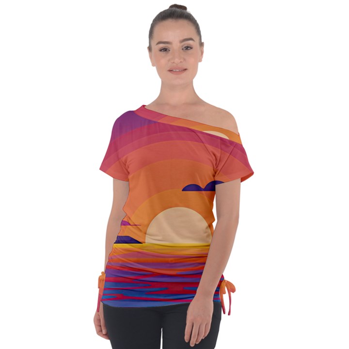 Sunset Ocean Beach Water Tropical Island Vacation Landscape Off Shoulder Tie-Up Tee