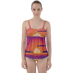 Sunset Ocean Beach Water Tropical Island Vacation Landscape Twist Front Tankini Set by Pakemis