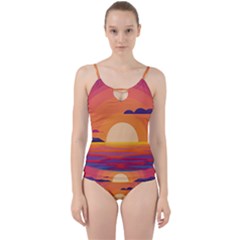 Sunset Ocean Beach Water Tropical Island Vacation Landscape Cut Out Top Tankini Set by Pakemis