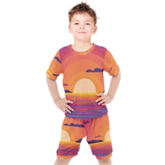 Sunset Ocean Beach Water Tropical Island Vacation Landscape Kids  Tee And Shorts Set by Pakemis