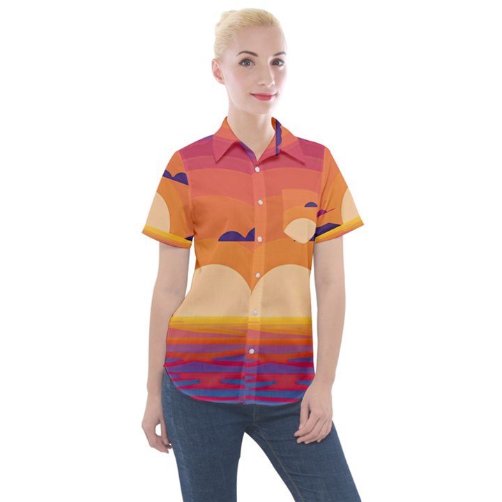 Sunset Ocean Beach Water Tropical Island Vacation Landscape Women s Short Sleeve Pocket Shirt