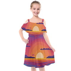 Sunset Ocean Beach Water Tropical Island Vacation Landscape Kids  Cut Out Shoulders Chiffon Dress by Pakemis