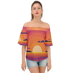 Sunset Ocean Beach Water Tropical Island Vacation Landscape Off Shoulder Short Sleeve Top by Pakemis